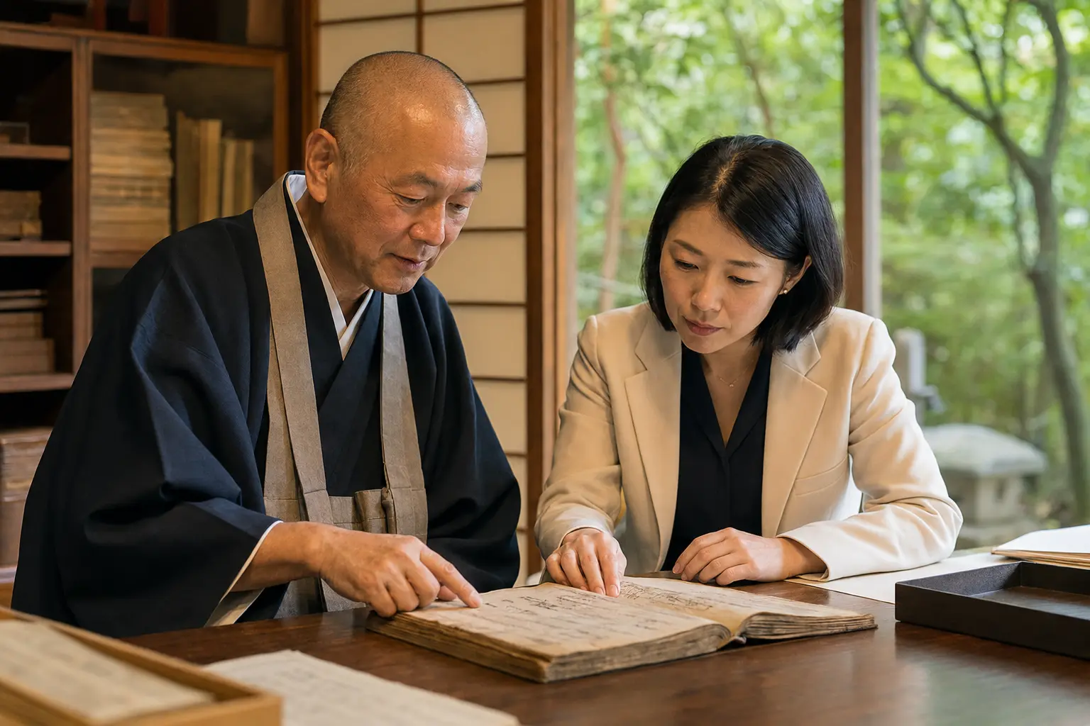 寺院の資料室で葬送文化を研究する僧侶と研究者