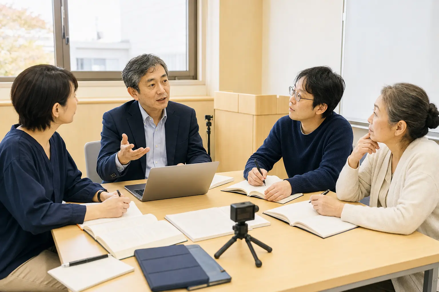 オンライン講義を収録しながら学ぶ講師と社会人受講生